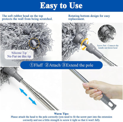 DELUX Microfiber Feather Duster Extendable Duster with 100 inches Extra Long Pole, Bendable Head & Long Handle Dusters for Cleaning Ceiling Fan, High Ceiling, Blinds, Furniture & Cars Gray