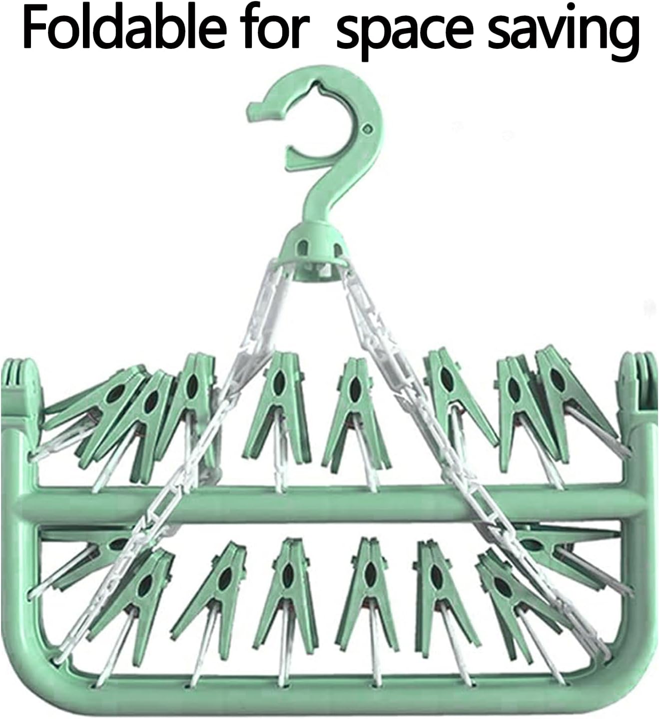 Clothes Drying Hanger with 32 Clips and Drip Foldable Hanging Rack (Light Green)