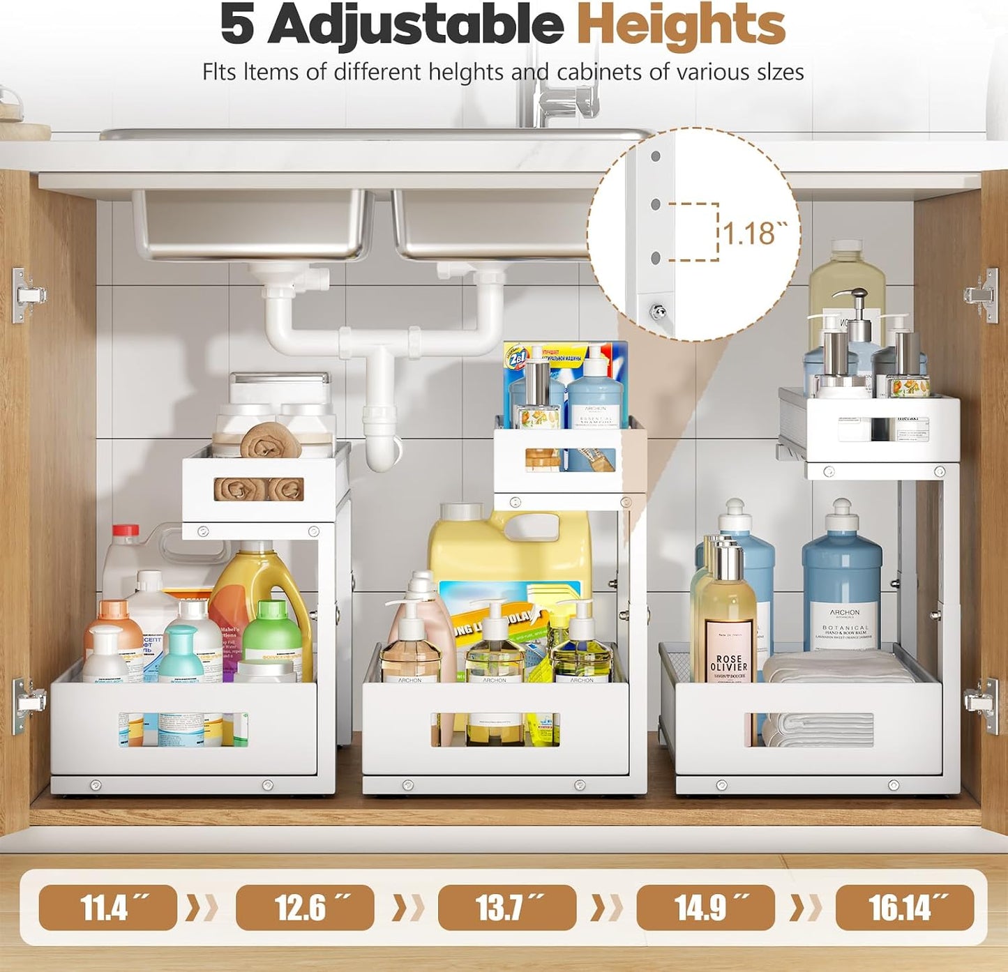 2-Pack Under Sink Storage Organizer, Large 2-Tier Elegant Mesh Pull Out Shelf for Kitchen and Bathroom Cabinet Organization, L-Shaped and Adjustable Height Design,Patent Pending-Black