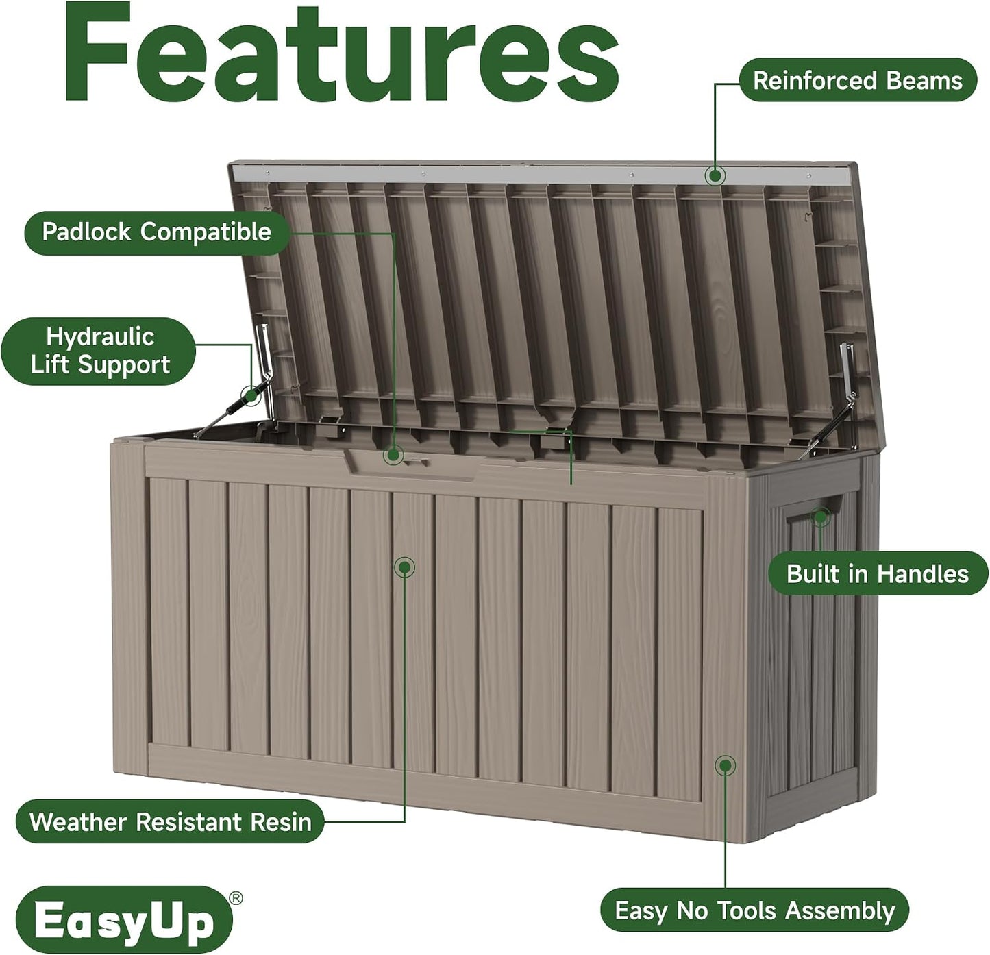 EasyUp 50 Gallon Outdoor Storage Box Waterproof Lockable Deck Boxes | UV Resistant Resin, for Garden Tools Cushions Patio Equipment, 300 lbs Capacity, Portable Design, Easy 16-Min Assembly
