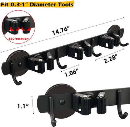 MUTUACTOR Heavy Duty Magnetic Broom Holder,Anti-slip Magnetic Tool Rack with Top Utility Shelf, Easy Assembly Broom Mop Organizer for Refrigerator Metal Cabinet Laundry Room Kitchen,3-Clamps 4-Hooks