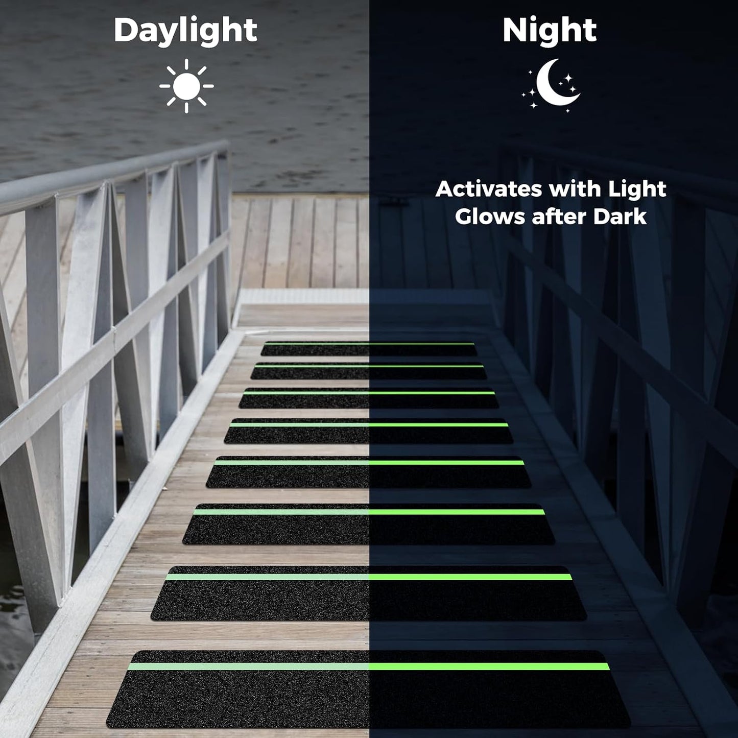 10 Pack 6” x 30” Anti Slip Traction Treads with Glow in The Dark Stripe, Outdoor Waterproof Non Skid Pre-Cut Tape with Roller, High Traction Friction Abrasive Adhesive for Stairs Step