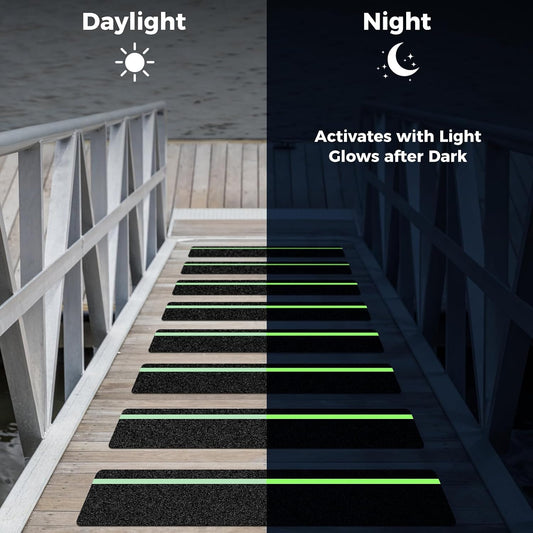 10 Pack 6” x 30” Anti Slip Traction Treads with Glow in The Dark Stripe, Outdoor Waterproof Non Skid Pre-Cut Tape with Roller, High Traction Friction Abrasive Adhesive for Stairs Step