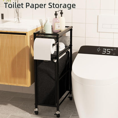 Toilet Paper Holder with Storage Bag & Wheels - Freestanding Bathroom Organizer Holds 9 Rolls for Small Spaces, Essentials Storage Beside Toilet-Brown