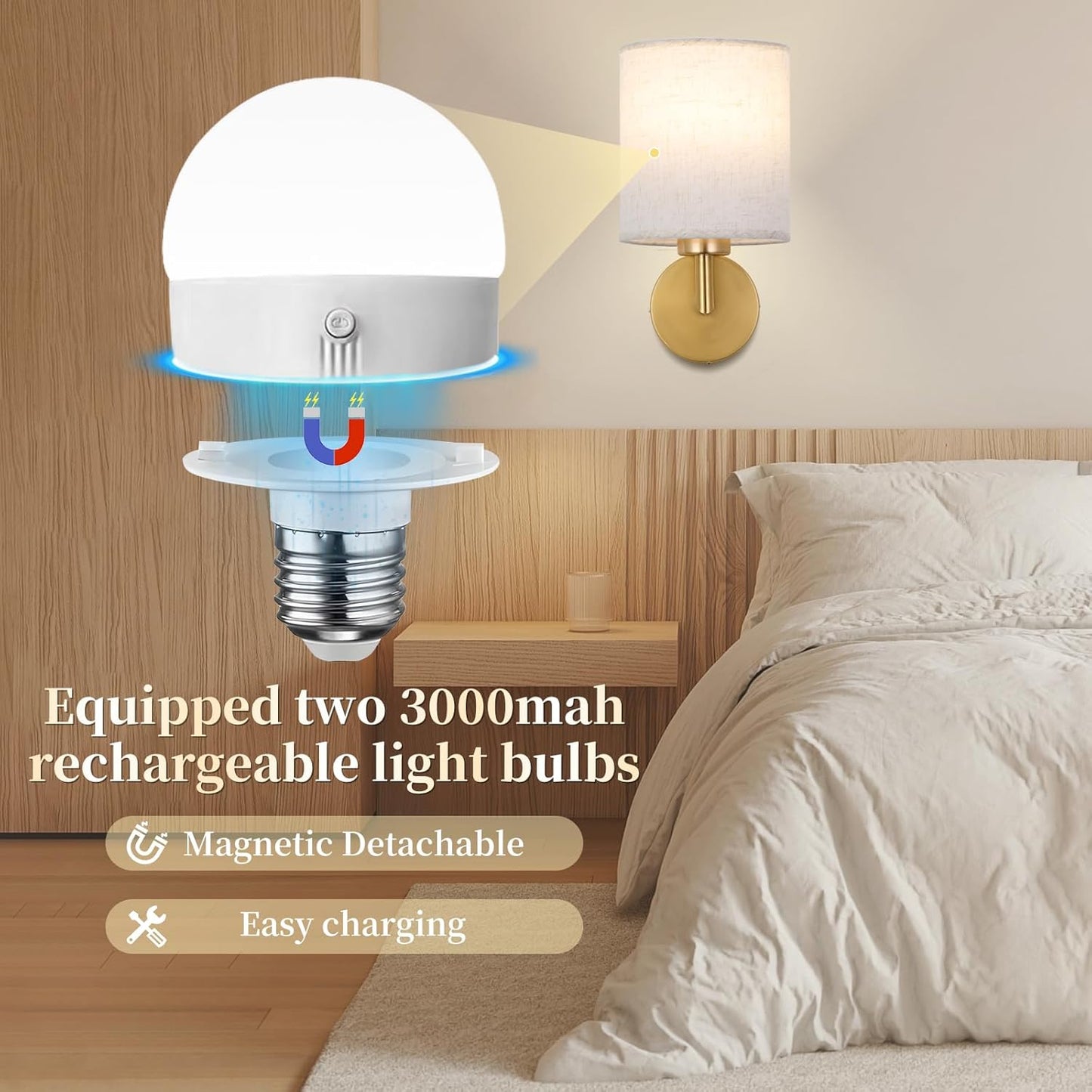 Wireless Wall Sconce Set of 2,Battery Operated Wall Lights with Remote Control,Rechargeable Wall Sconces with LED Bulb,15 Colours Dimmable Wall Lamp for Bedroom Living Room Hallway