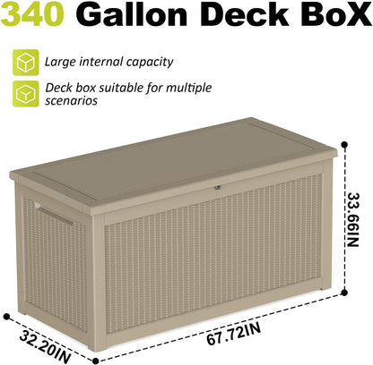 ROJIK 340 Gallon Deck Box Outdoor Waterproof,Weatherproof Outdoor Storage Boxes Lockable with Lid,Outside Resin Storage Bench for Patio Cushions,Garden Tools and Pool Accessories(Black)