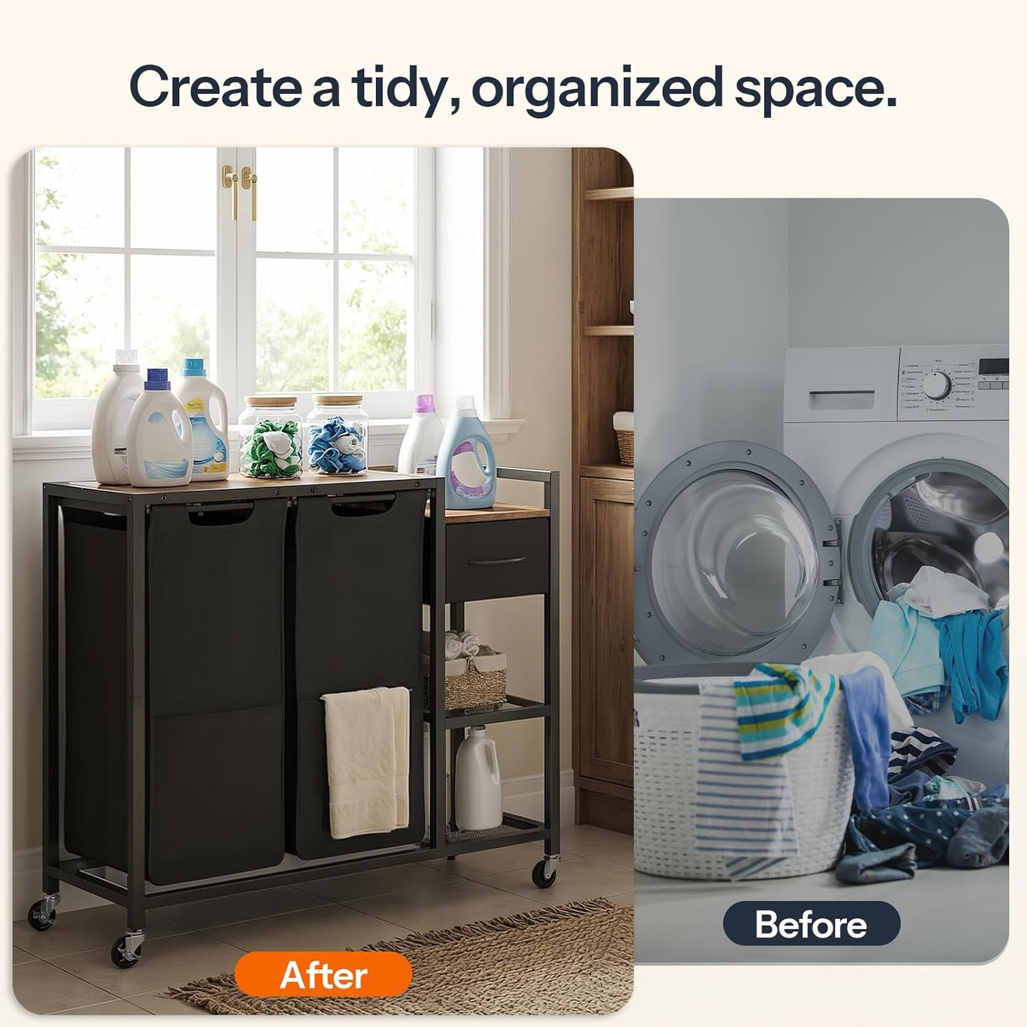 HOOBRO 2 Section Laundry Sorter with Shelf, 24 Gal. (90.8 L) Laundry Hamper with Wheels, Rolling Laundry Basket with Fabric Drawer, 3-Tier Shelves, Side Pockets, Black and Rustic Brown BF27XY01