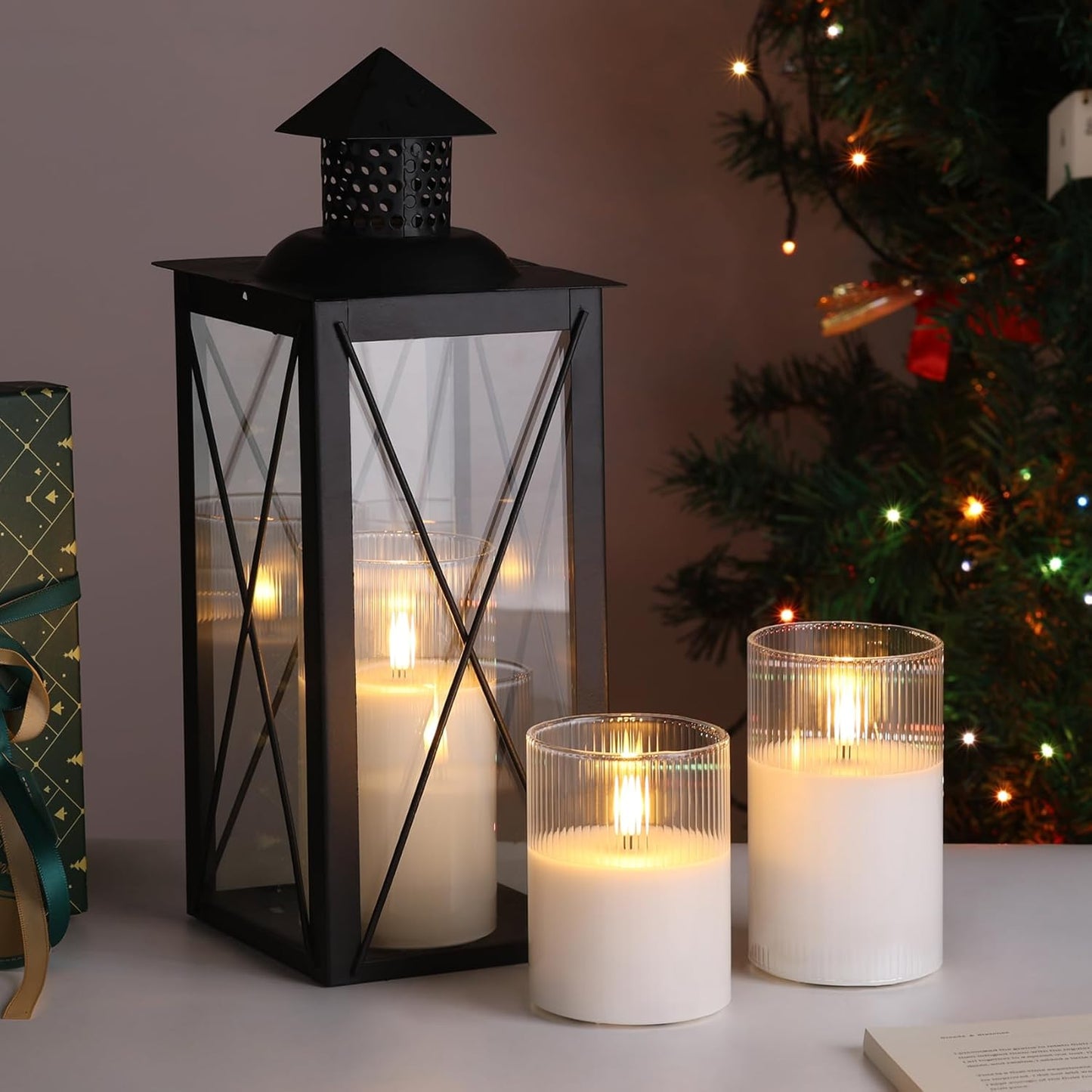 Eywamage Smoke Grey Ribbed Glass Flameless Pillar Candles with Remote, Flickering LED Wax Candles Battery Operated Set of 3