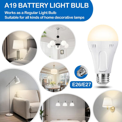 Ostwiki Rechargeable Light Bulbs,2 Pack Emergenecy Light Bulbs for Power Outage A19 E26 9W 6500K White Battery Backup Soft Light Bulb for Lamps Home Power Failure Hurricane,Blizzard