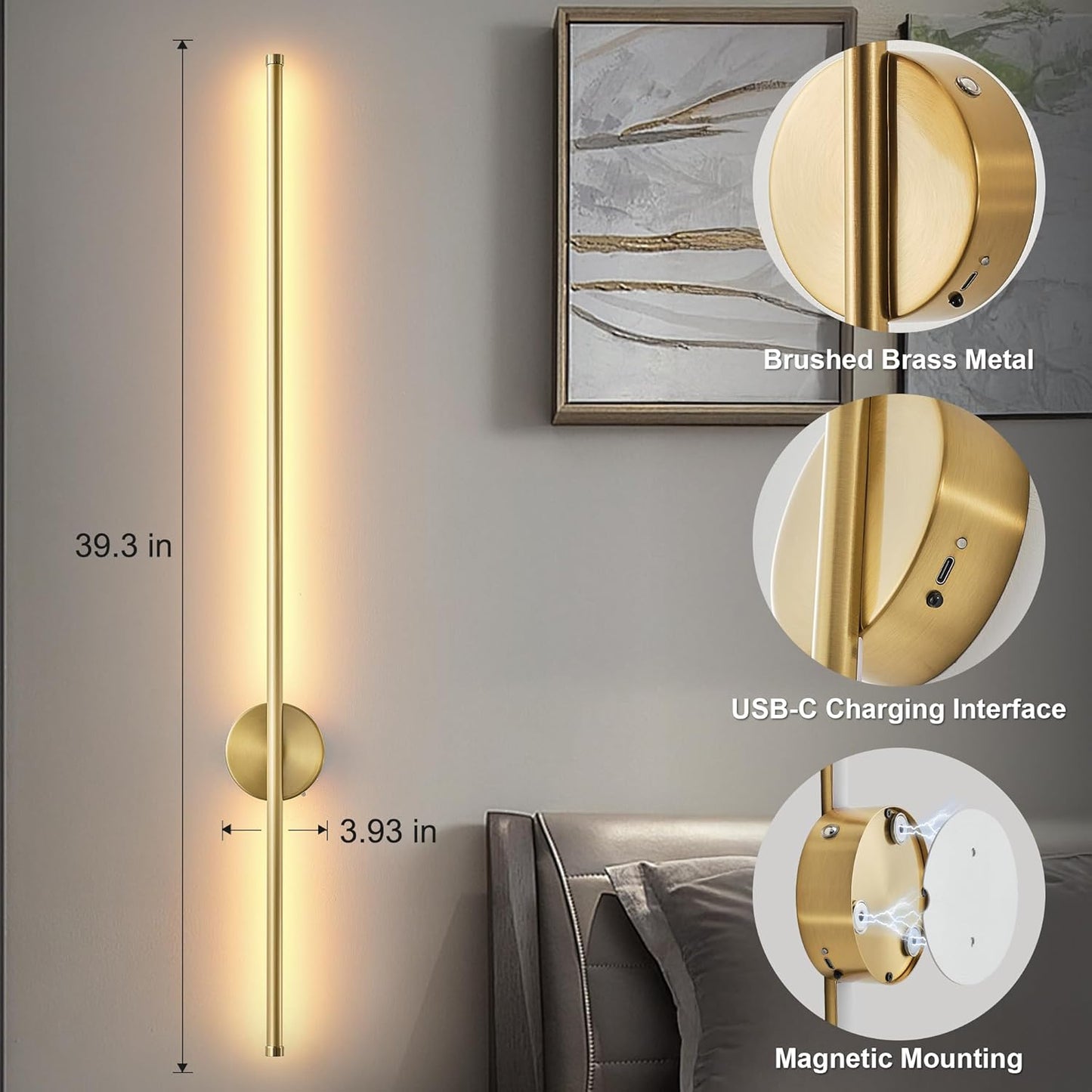 Battery Operated Modern Wall Sconces, Dimmable Wireless Wall Light Set of Two with Remote Control, 3 Color Temperatures, Rechargeable LED Wall Sconce for Bedroom, Living Room, Hallway, 23.6 Inch Brass