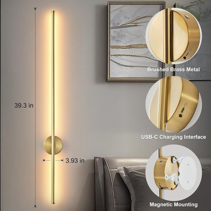 Battery Operated Modern Wall Sconces, Dimmable Wireless Wall Light Set of Two with Remote Control, 3 Color Temperatures, Rechargeable LED Wall Sconce for Bedroom, Living Room, Hallway, 23.6 Inch Brass
