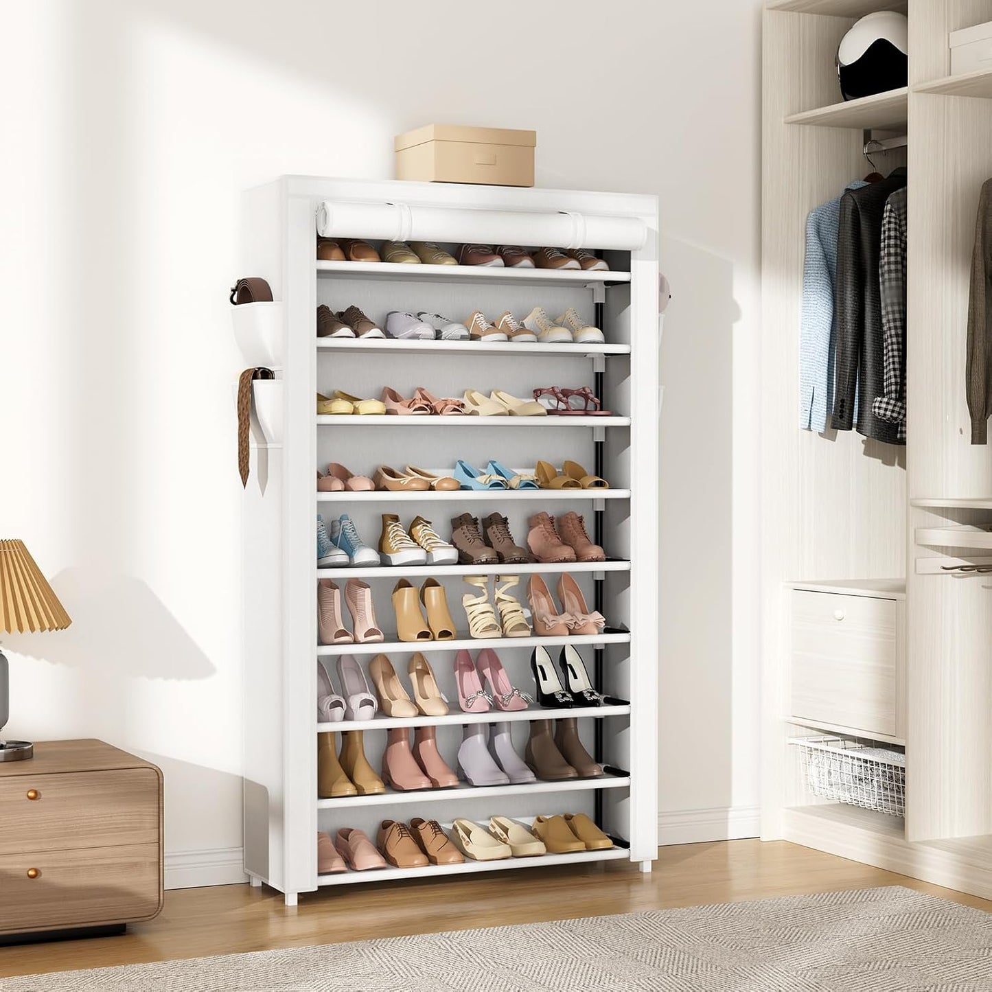 VILICK Shoe Rack with Cover Narrow Shoe Organizer with 4 Side Pockets 10 Tier Tall Shoe Storage Holds 18-22 Pairs Shoes and Boots Shoe Rack for Closet Entryway Garage