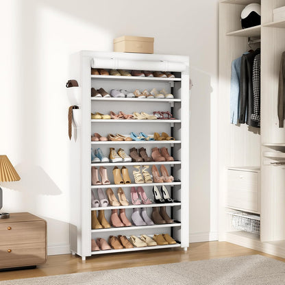 VILICK Shoe Rack with Cover Narrow Shoe Organizer with 4 Side Pockets 10 Tier Tall Shoe Storage Holds 18-22 Pairs Shoes and Boots Shoe Rack for Closet Entryway Garage