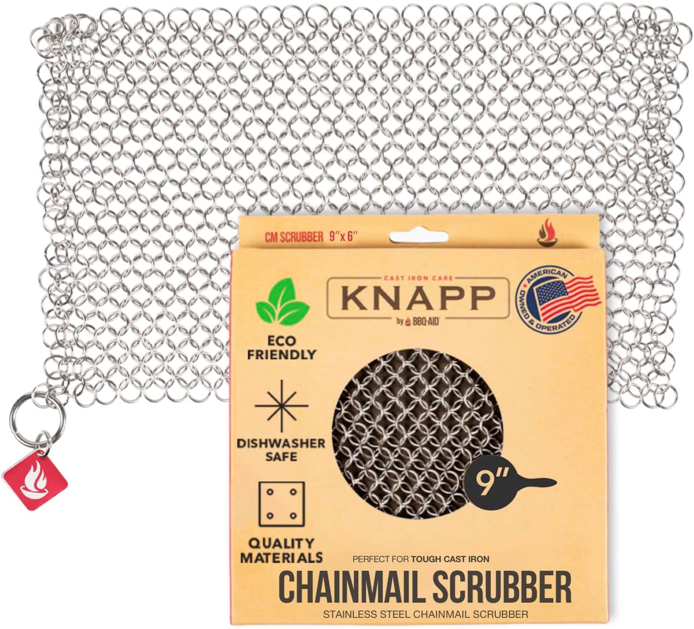 Knapp Made CM Scrubber 4" x 4" Small Ring Chainmail Cast Iron Scrubber, Premium Stainless Steel Mesh Cleaner for Pre-Seasoned Pans, Dutch Ovens, Grills and Skillets