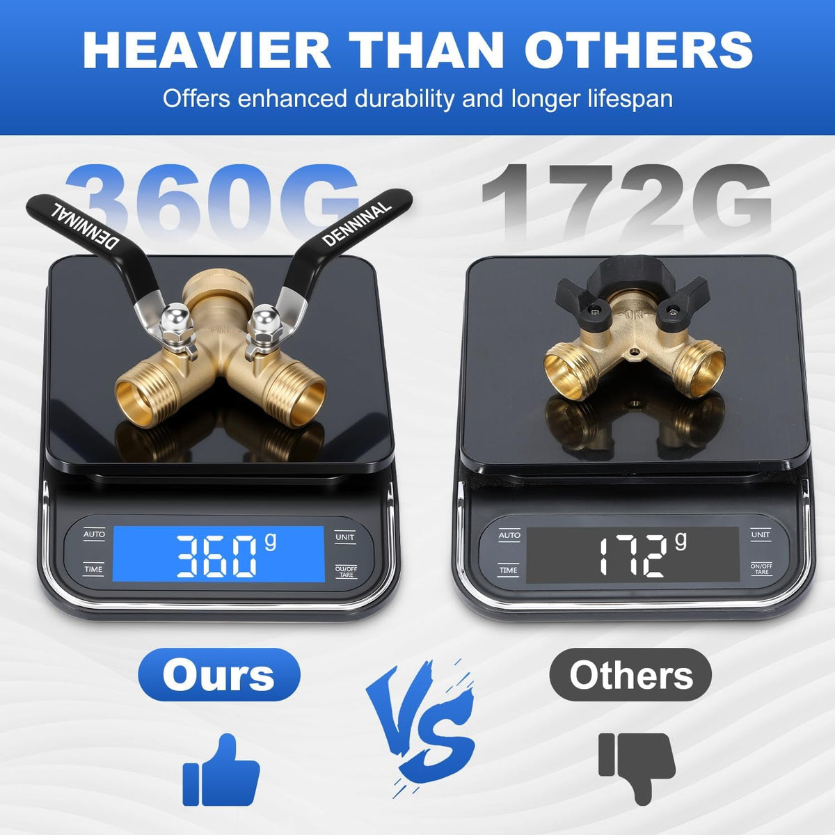 Brass Garden Hose Splitter 2 Way Heavy Duty, Safe Water Hose Splitter with 304 Stainless Steel Long Handle, Outdoor Full Flow Hose Bib Splitter Connector, Y Valve 3/4 Inch GHT Thread
