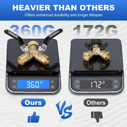 Brass Garden Hose Splitter 2 Way Heavy Duty, Safe Water Hose Splitter with 304 Stainless Steel Long Handle, Outdoor Full Flow Hose Bib Splitter Connector, Y Valve 3/4 Inch GHT Thread