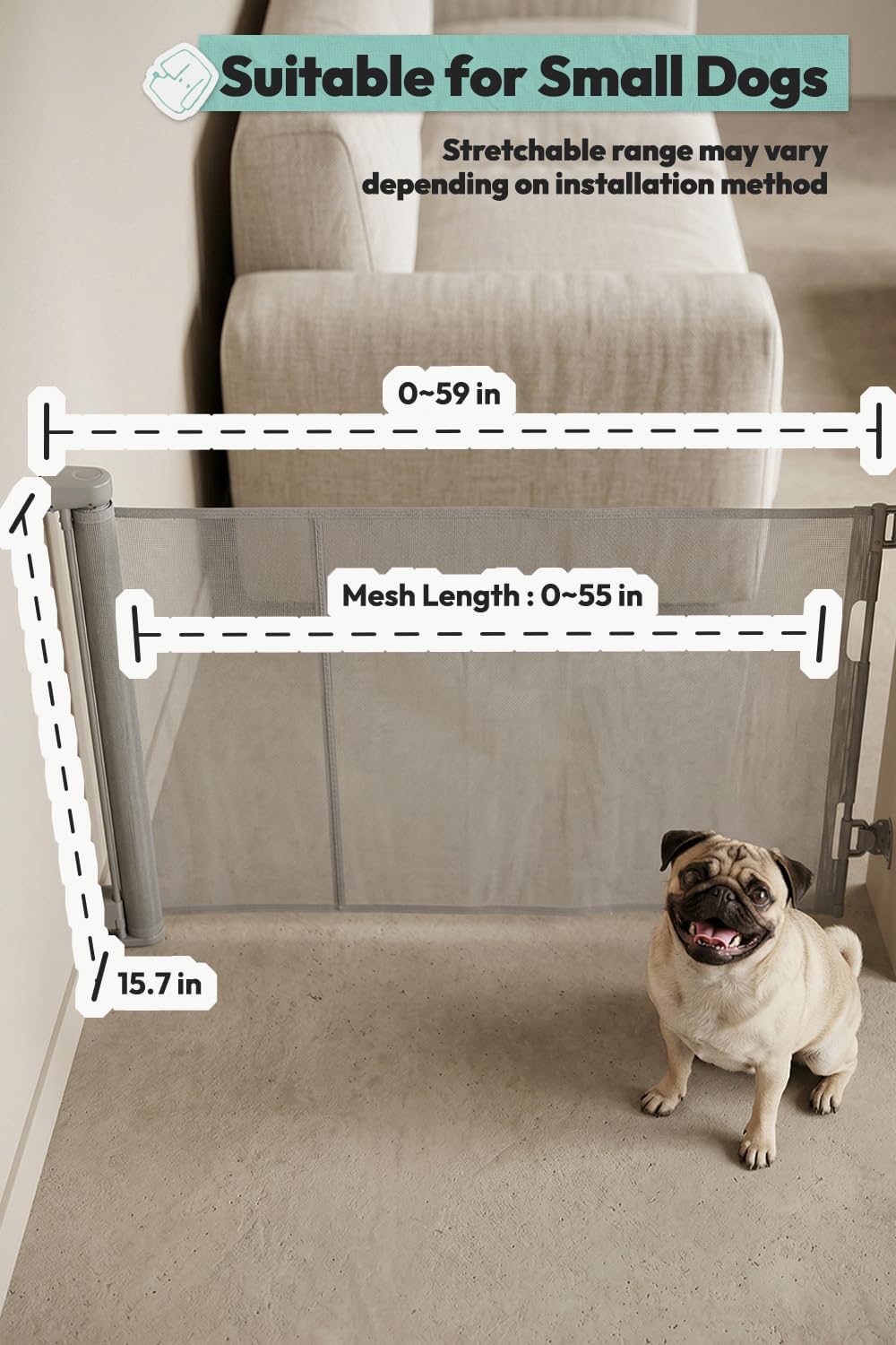 15.7" H Mesh Short Dog Gate, Extends Up to 59" W Retractable Pet Gate with Drill Installation, Small Dog Gate for Stairs, Easy Step Over Low Puppy Gate for Doorways Indoor Outdoor, White