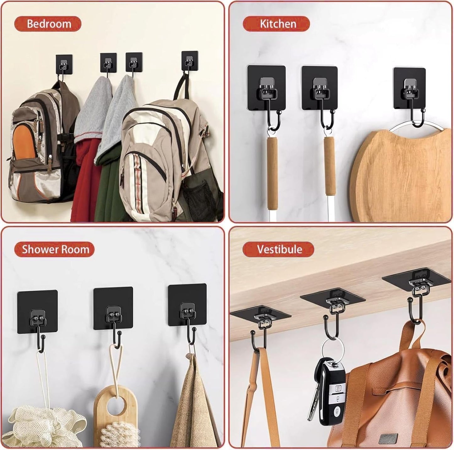 Large Adhesive Hooks, 20 Black Heavy-Duty 40 lb Adhesive Wall Hooks, Waterproof, Rustproof, Ideal for Hanging, Suitable for Bathroom, Kitchen, Home, Ceiling and Window