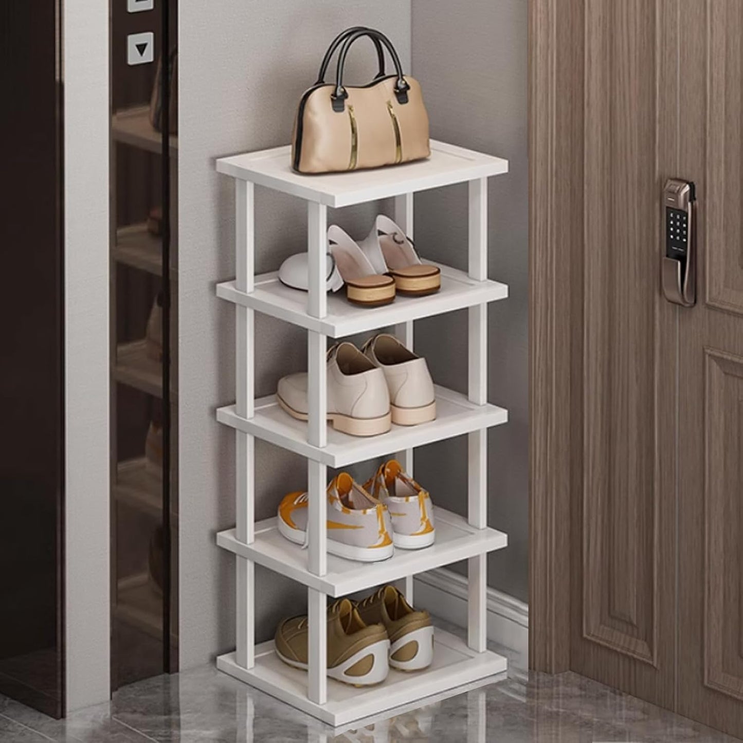 SAN HE 7-Tier Modern Bamboo Shoe Rack - Vertical, Slim, Space-Saving Shoe Organizer for Small Spaces, Closet, Entryway, Corner, Garage, Bedroom