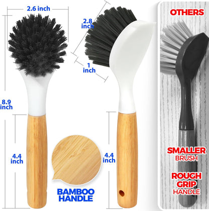 Holikme 3 Pack Dish Brush Set with Bamboo Handle, Kitchen Brushes for Cleaning Pot, Sink and Stove, Skillet Scrubber with Tough Bristles for Cast Iron Grill Pan, White Yellow Black