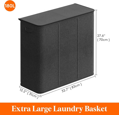 Lifewit Double Laundry Hamper with Lid and Removable Laundry Bags, Large Collapsible 2 Dividers Dirty Clothes Basket with Handles for Bedroom Laundry Room Closet Bathroom College, 136L Beige
