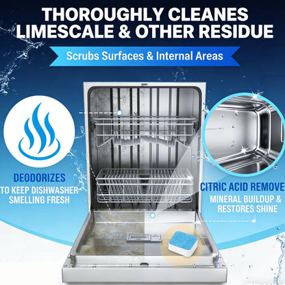 Heavy Duty Dishwasher Cleaner & Deodorizer Tablets, Descaler, Deep Cleaning, Natural Odor & Smell Remover, Calcium, Limescale, Hard Water Marks, Grease, Septic Safe Pods (12 Tabs 1 Yr Supply)