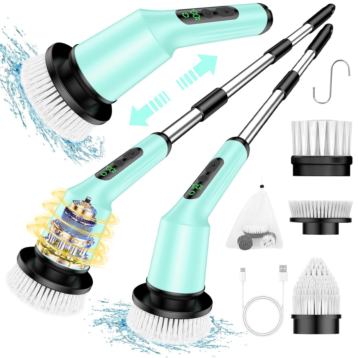 Shower Scrubber with Long Handle, Shower Cleaner Brush with 8 Floor Machine Pads, Cordless Electric Spin Scrubber for Cleaning with 2 Speed, Cleaning Supplies for Bathroom Bathtub Kitchen Floor Tile
