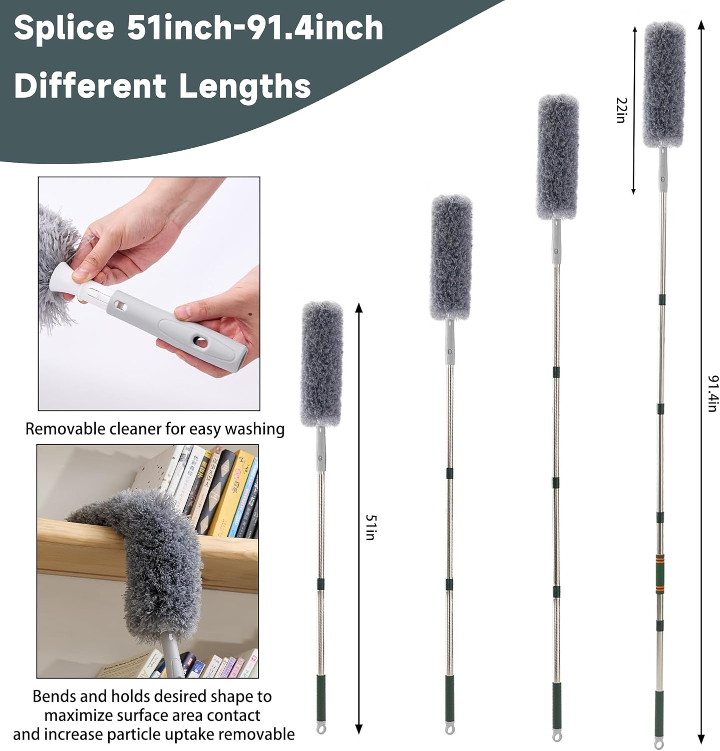 Window Squeegee Cleaner Tool with Extension Pole (81.5inch), 2-in-1 Squeegee for Window Cleaning Kit with Scrubber, Add Extra Pole Attachment Bendable Microfiber Feather Duster