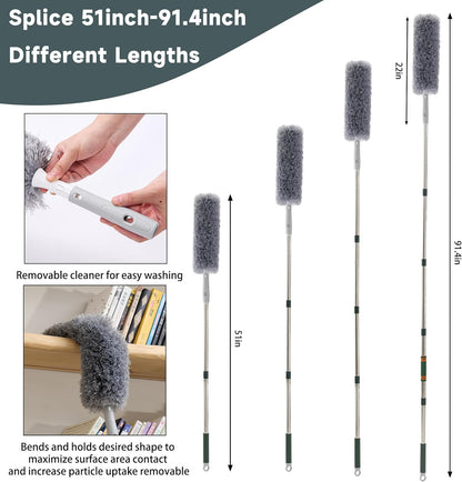 Window Squeegee Cleaner Tool with Extension Pole (81.5inch), 2-in-1 Squeegee for Window Cleaning Kit with Scrubber, Add Extra Pole Attachment Bendable Microfiber Feather Duster