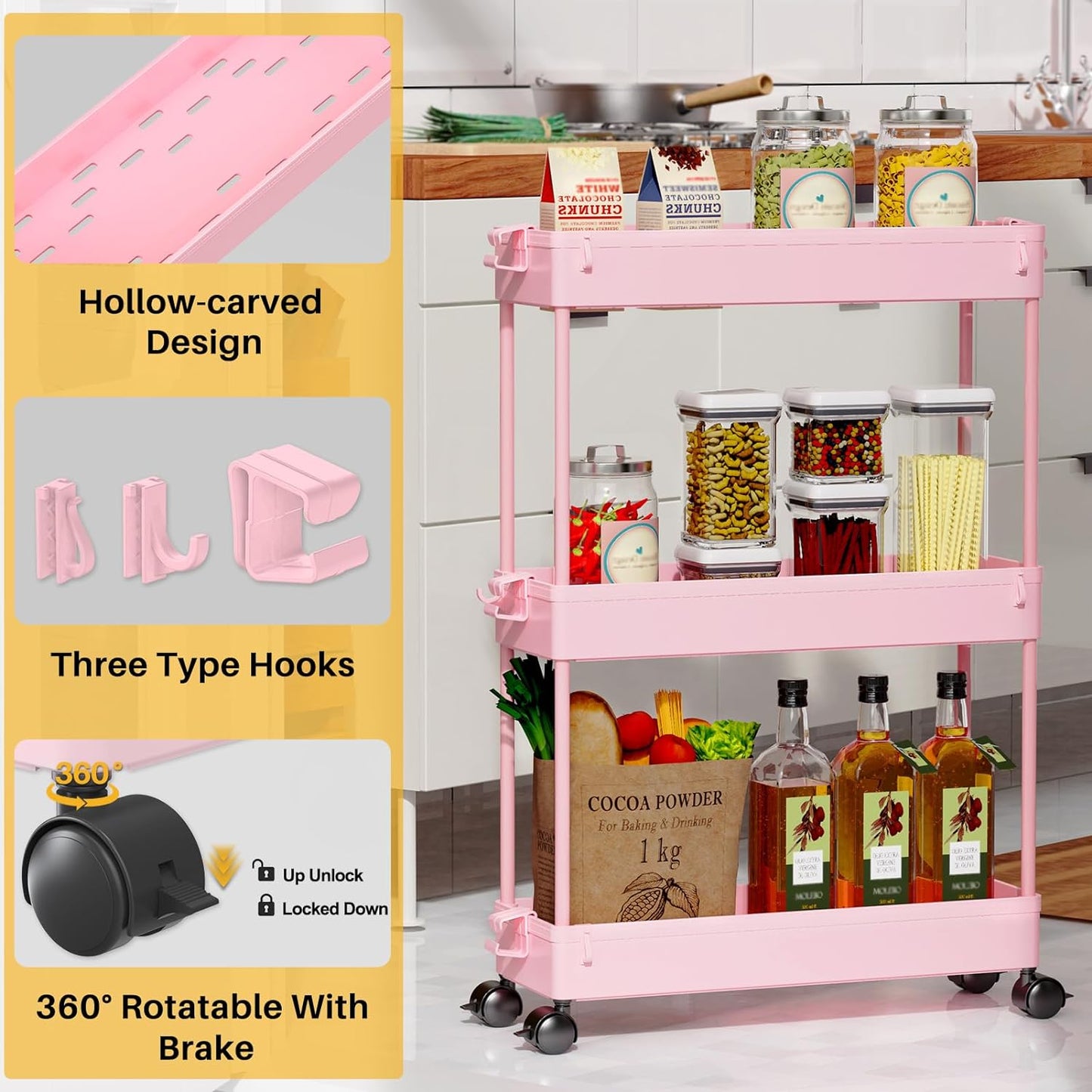 SPACEKEEPER Slim Rolling Storage Cart, 3 Tier Bathroom Storage Organizer Laundry Room Utility Cart Mobile Shelving Unit, Multi-Purpose for Kitchen Office Bathroom Laundry Narrow Places, Black