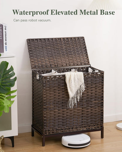 SETVSON Laundry Hamper with Lid 132 L, (35 Gallons) Clothes Hamper with Lid, Handwoven Rattan Laundry Hamper with Metal Heightened Feet, Laundry Hampers with 3 Removable Liner Bags for Laundry-Natural