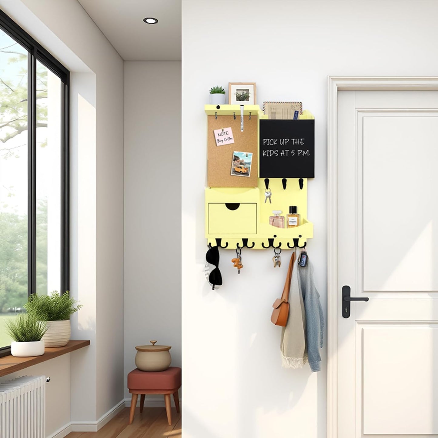 Key Holder for Wall Mount with Shelf and Mail Organizer, Key and Mail Holder with 16 Hooks, Farmhouse Entryway Organizer, Home Decor Rack (Pine Wood, Black)