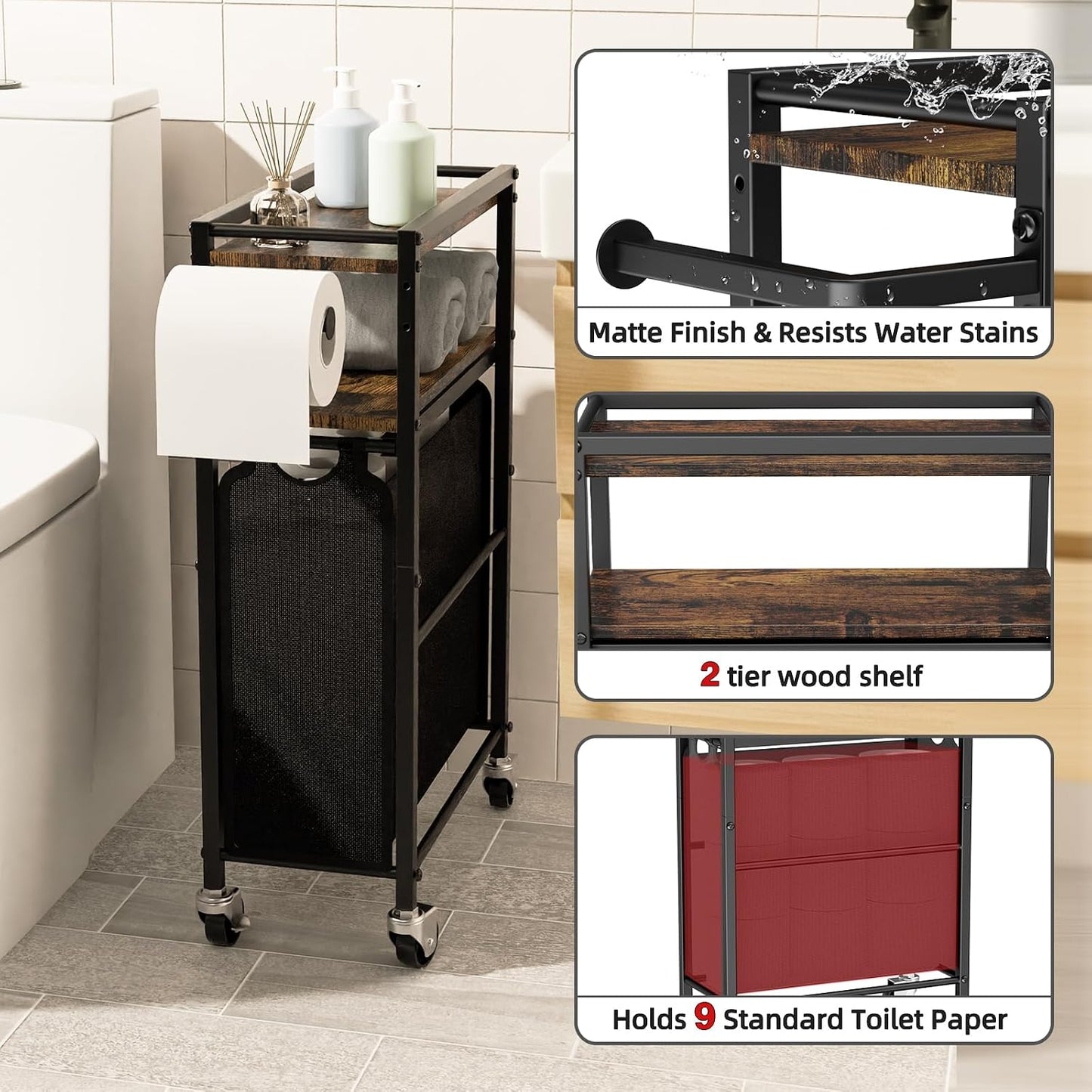 Toilet Paper Holder with Storage Bag & Wheels - Freestanding Bathroom Organizer Holds 9 Rolls for Small Spaces, Essentials Storage Beside Toilet-Brown