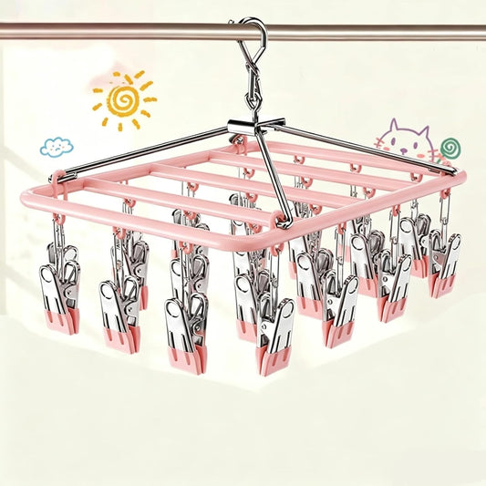 Drying Rack for Sock, Stainless Steel Sock Drying Rack with 23 Clips, Swivel Hook Windproof Hanger for Sock, Laundry, Hat, Scarf, Bras, Towel, Underwear, Pants, Gloves (White)