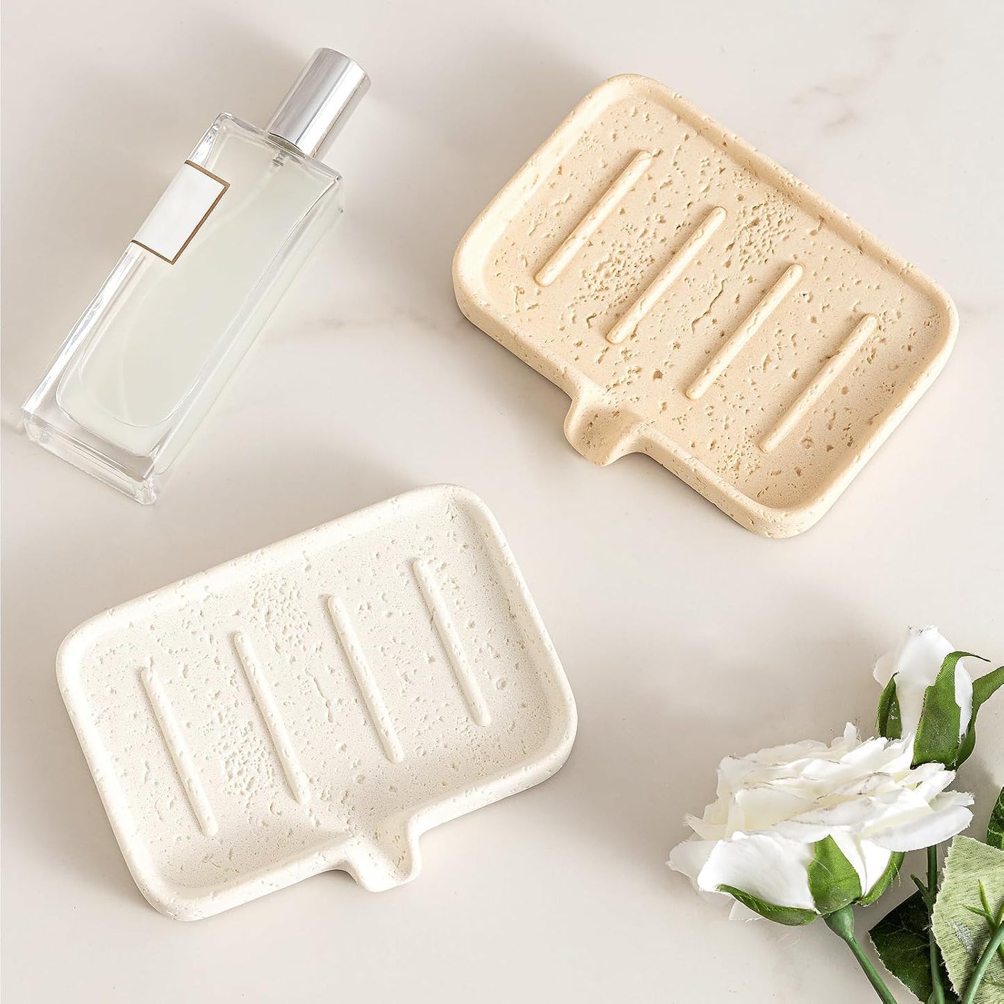 Soap Dish, Bar Soap Holder, Travertine Stone Look, Off White | Self Draining,Sponge Holders Tray for Shower,for Dispenser,Scrubber,Bottle,Cup on Bathroom Kitchen Bathtub Sink or Counter