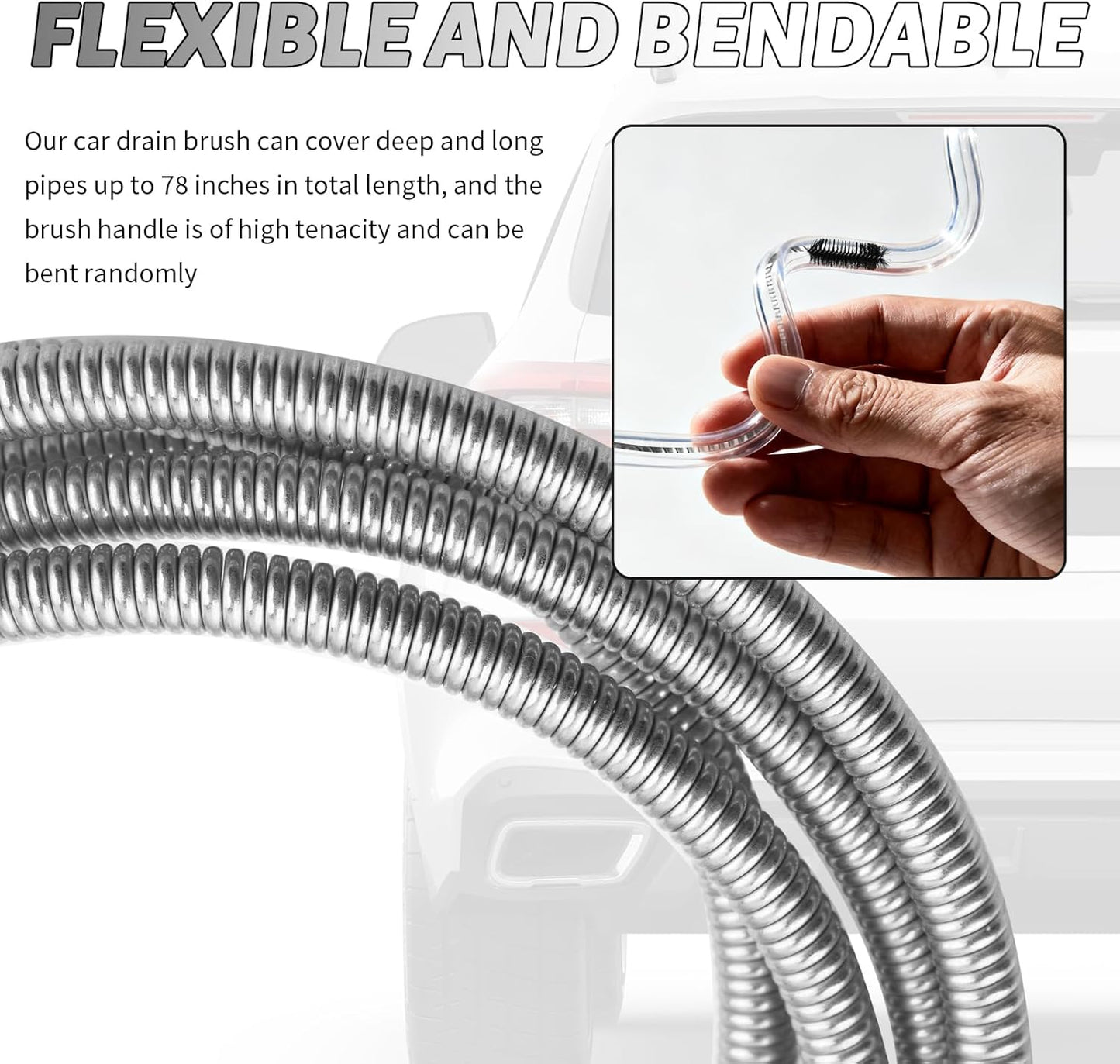 78" Long Flexible Car Drain Cleaning Brush,Stainless Steel/Nylon Pipe Cleaner Brush with Double Head,Slim Car Drain Brushes Pipe Cleaning Tool as Auto Sunroof Drains Cleaner