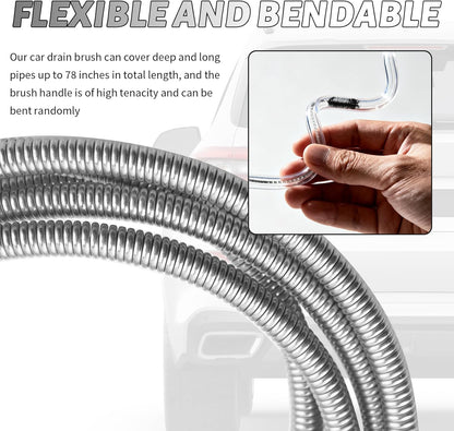 78" Long Flexible Car Drain Cleaning Brush,Stainless Steel/Nylon Pipe Cleaner Brush with Double Head,Slim Car Drain Brushes Pipe Cleaning Tool as Auto Sunroof Drains Cleaner