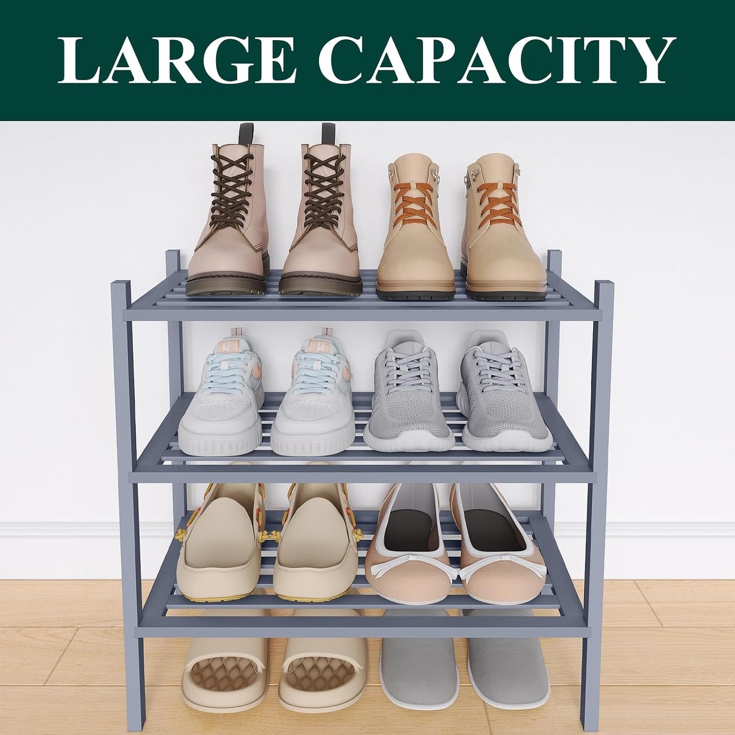 Smiry Bamboo Shoe Rack, 3 Tier Free Standing Wooden Shoe Organizer, Stackable Wood Shoe Storage Shelf for Closet, Entryway, 5 Horizontal Slats, 26.8"x11"x18.3", Natural