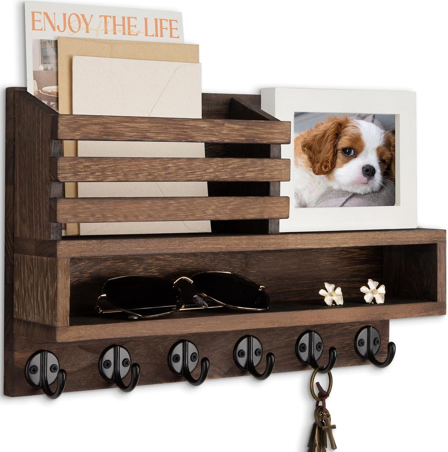 Key and Mail Holder Wall Mount, Key Hanger with Long Storage Box and 5 Hooks for Coat, Dog Leash, Home Decor Rack, House Accessories, Entry Way Organizer 11.8”W x 7.8”H x 3.2”D