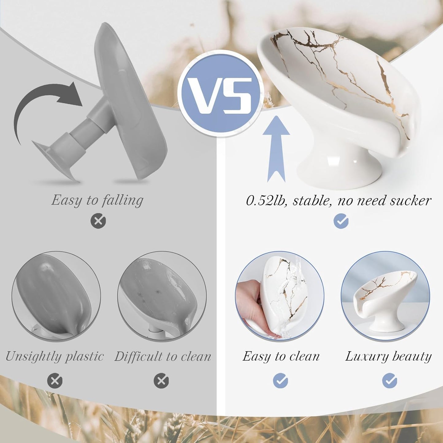 Small Soap Dish, Self Draining Bar Soap Holder for Bathroom Sink, Leaf Shaped Drainage Ceramic with Marble-Pattern Finish, Decorative Soap Dish, No Suction Cup, ANTIS'S HOME