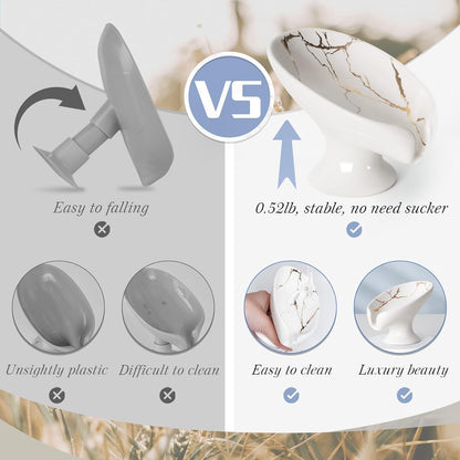 Small Soap Dish, Self Draining Bar Soap Holder for Bathroom Sink, Leaf Shaped Drainage Ceramic with Marble-Pattern Finish, Decorative Soap Dish, No Suction Cup, ANTIS'S HOME