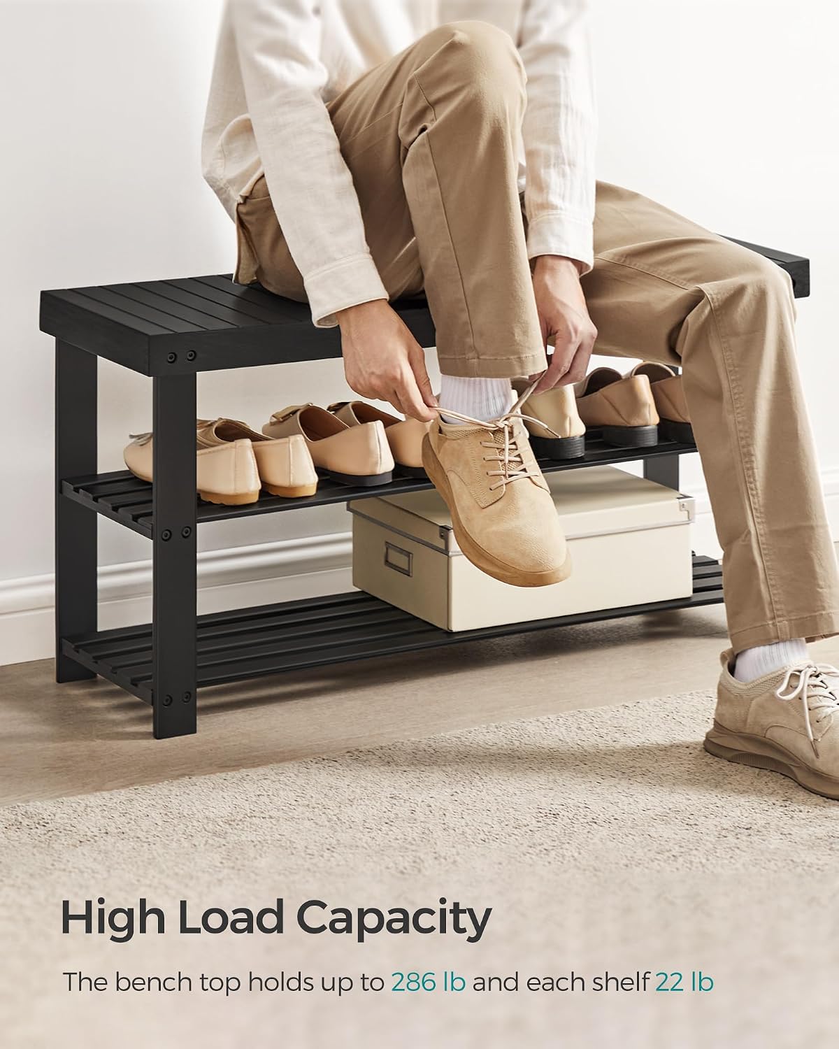 SONGMICS Shoe Rack Bench, 3-Tier Bamboo Shoe Storage Organizer, Entryway Bench, Holds Up to 286 lb, 11.3 x 27.6 x 17.8 Inches, for Entryway Bathroom Bedroom, Ink Black ULBS04H