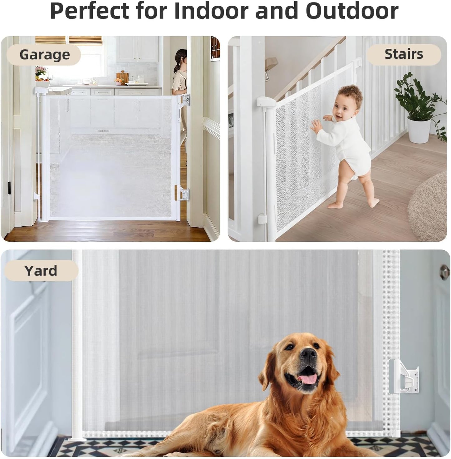 Retractable Baby Gate, 55 in Wide x 33 in Tall Mesh Dog Gate, Hardware Mounted Safety Gate with Double Lock for Doorways, Hallways, Indoor Outdoor, White
