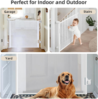 Retractable Baby Gate, 55 in Wide x 33 in Tall Mesh Dog Gate, Hardware Mounted Safety Gate with Double Lock for Doorways, Hallways, Indoor Outdoor, White