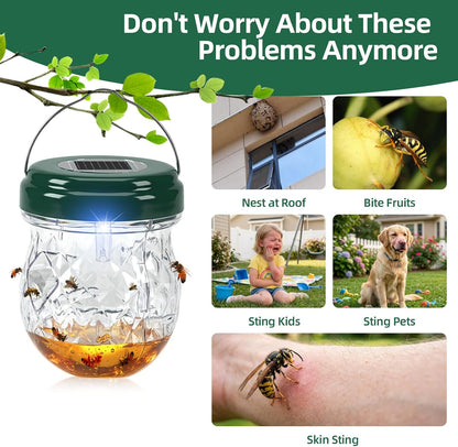 2026 Upgraded Solar Wasp Trap, 4 Pack Hanging Hornet & Bee Catcher with LED Light, Reusable Yellow Jacket Trap for Outdoors, Carpenter Bee Protection for Patio, Backyard, Garden