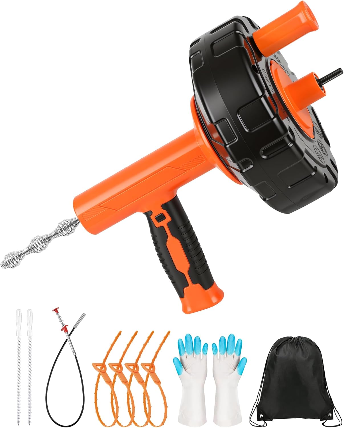 Drain Auger 33 ft, Auto Feed Drain Snake with Drill Adapter, Heavy Duty Plumbing Snake Hair Clog Remover Tool Kit with Gloves & Brushes for Kitchen Sink Shower Bathtub Bathroom Toilet Clog Removal