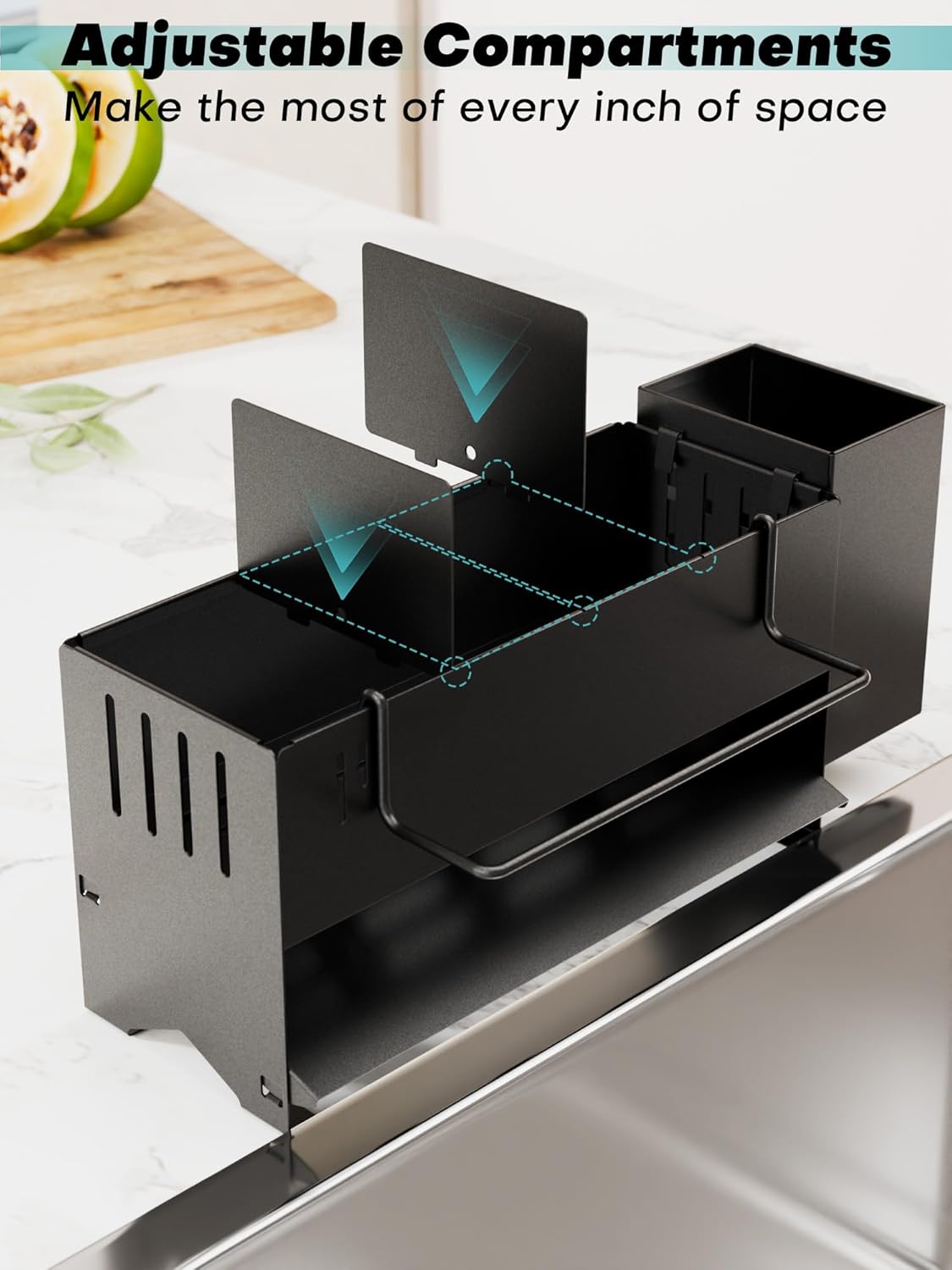 Kitchen Sink Caddy Organizer, Sponge Holder for Kitchen Sink with Upgraded Extra-Wide Drain Board, Efficient Drainage, Stainless Steel with Rust-Resistant Coating