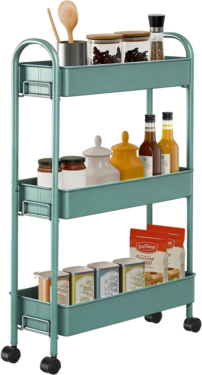 Slim Rolling Cart, Metal Frame Utility Rolling 3-Tier Narrow Storage Cart with Handle Kitchen Storage Organizer, Mobile Shelving Unit for Bathroom Kitchen