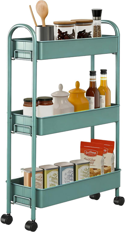 Slim Rolling Cart, Metal Frame Utility Rolling 3-Tier Narrow Storage Cart with Handle Kitchen Storage Organizer, Mobile Shelving Unit for Bathroom Kitchen