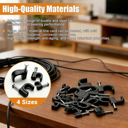 mankk 630PCS Steel Nail Cable Clips 4/5/6/8/10mm Round & 5/6mm Square | cable tacks for CAT6 RJ45 RG6 RG59 ethernet coax cords, white wall mounting clips